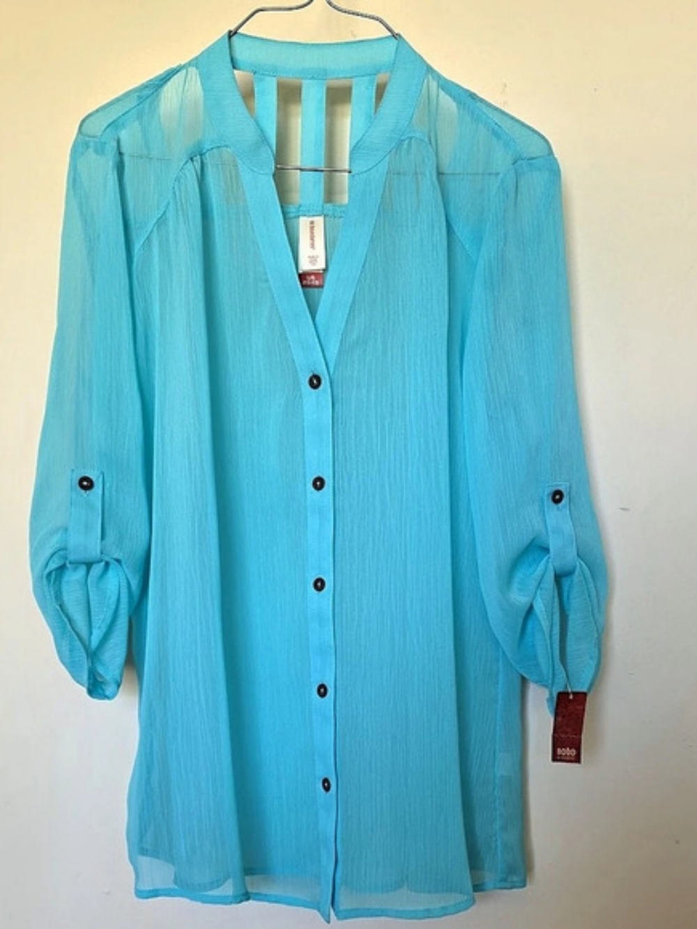 No Boundaries Blattice Back Shirt Button-Front Blouse in Blue Size Large NWT